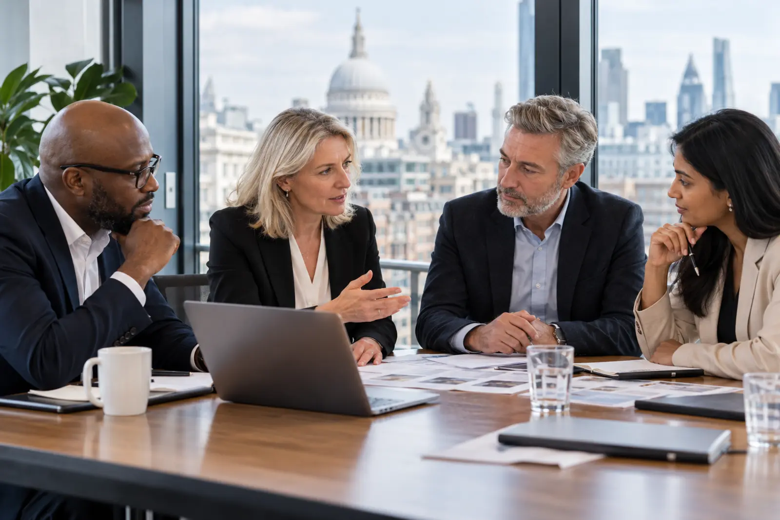 Experienced UK professionals discussing a client project in a London office