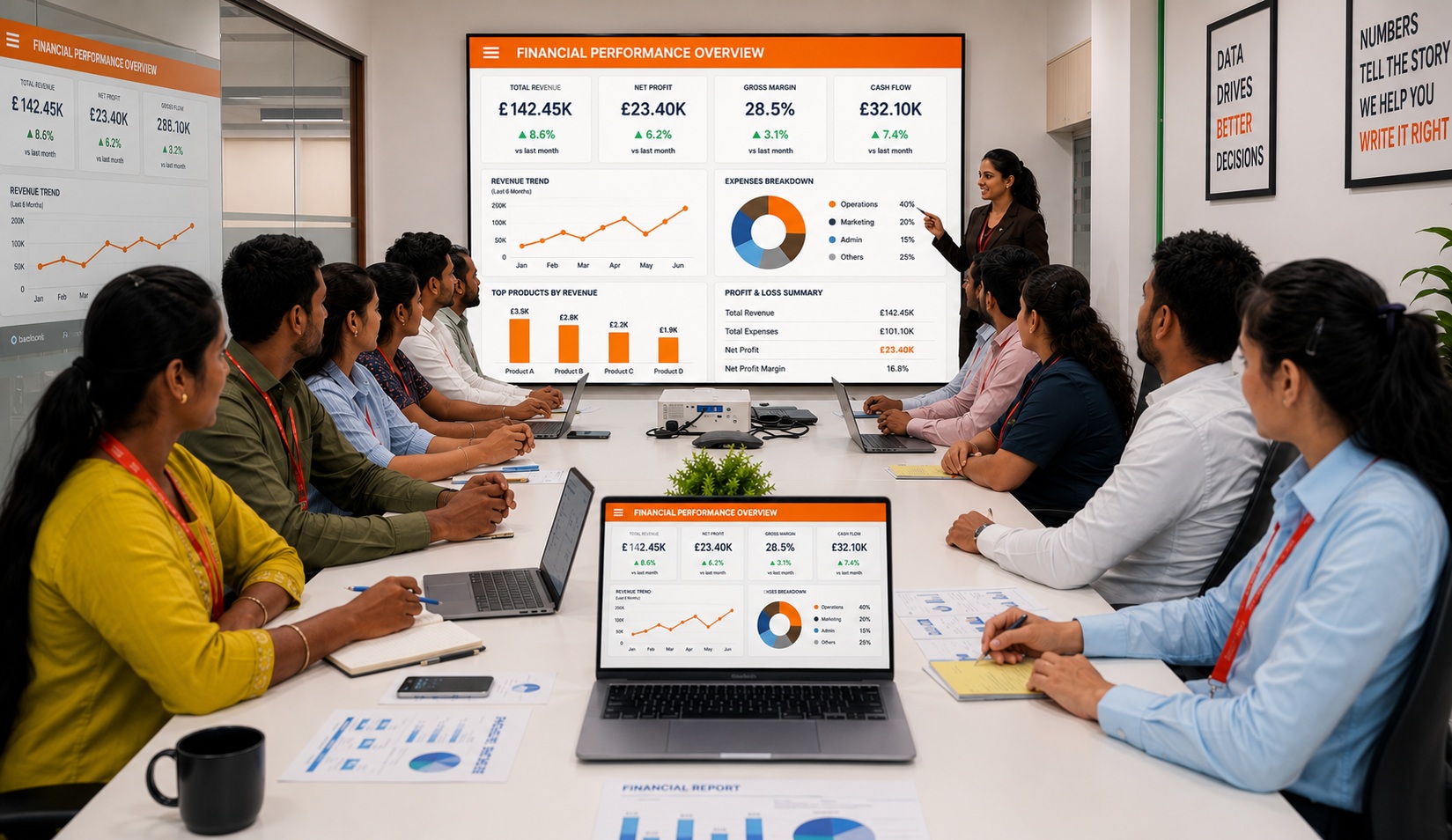 Winprotech finance team reviewing a financial performance dashboard